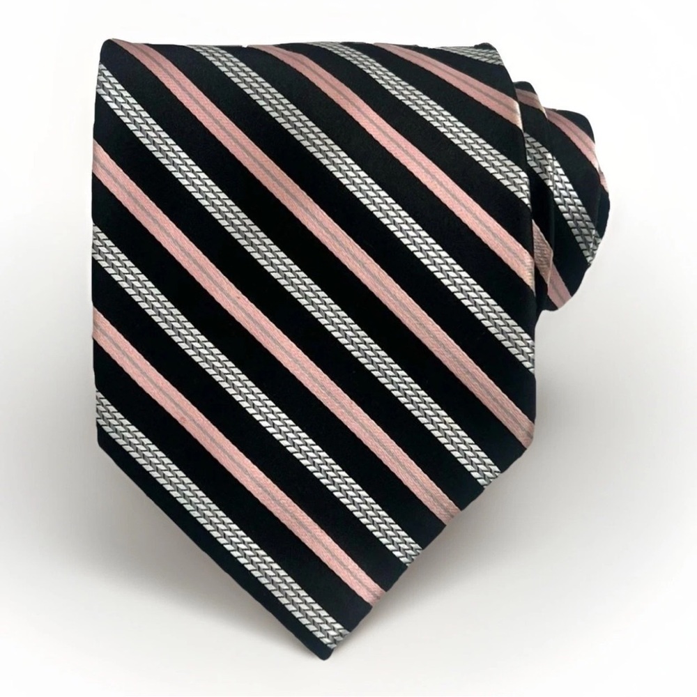 Pierre Cardin 100% Silk Handmade Designer Tie Black Peach Striped Luxury Necktie